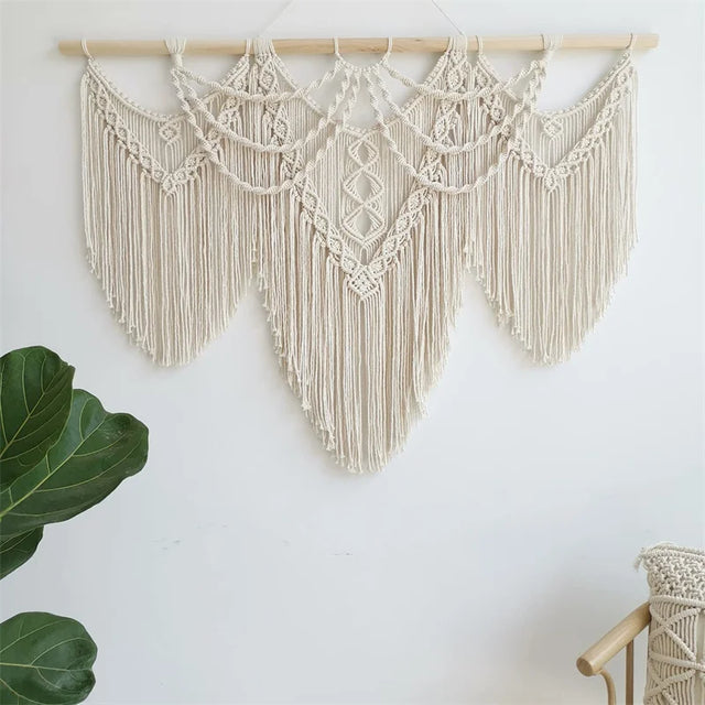 Boho Macrame Curtain with Wooden Stick - Knotique
