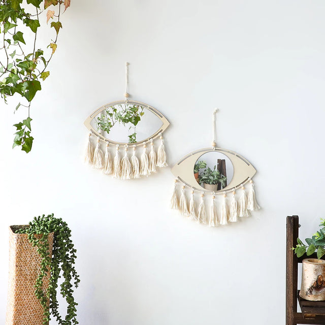 Boho Macrame Evil Eye Wall Mirror with Tassels - Knotique