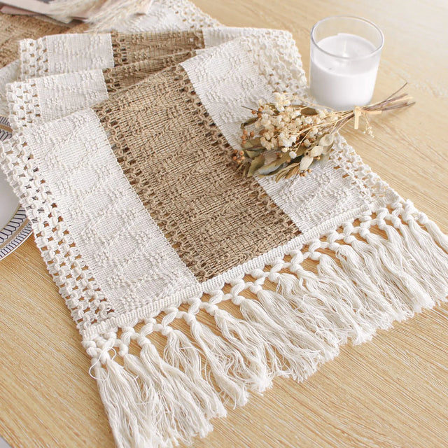 Boho Macrame Table Runner – Cream & Brown with Tassels - Knotique
