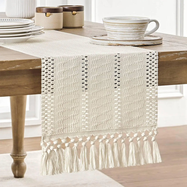 Boho Macrame Table Runner Cream with Tassels - Knotique