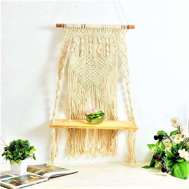 Macrame wall hanging shelf with diamond pattern - Knotique