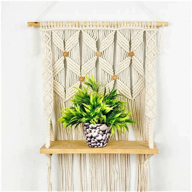 Macrame wall hanging shelf with leaf pattern - Knotique
