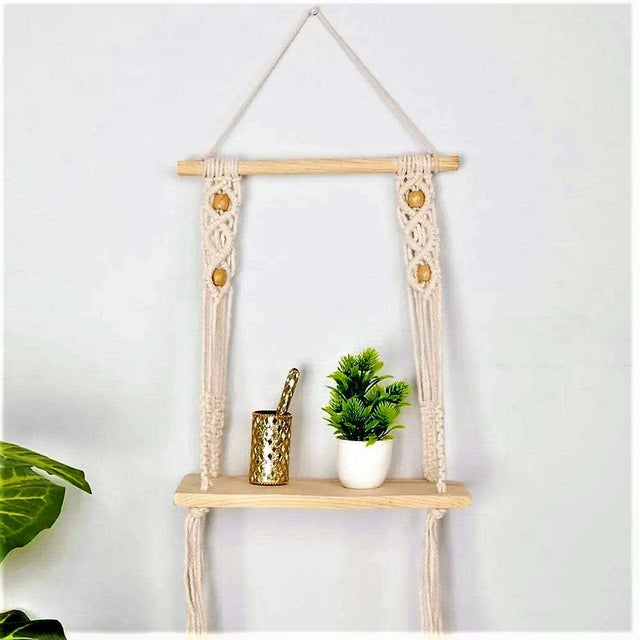 Macrame wall hanging shelf with open back chain pattern - Knotique